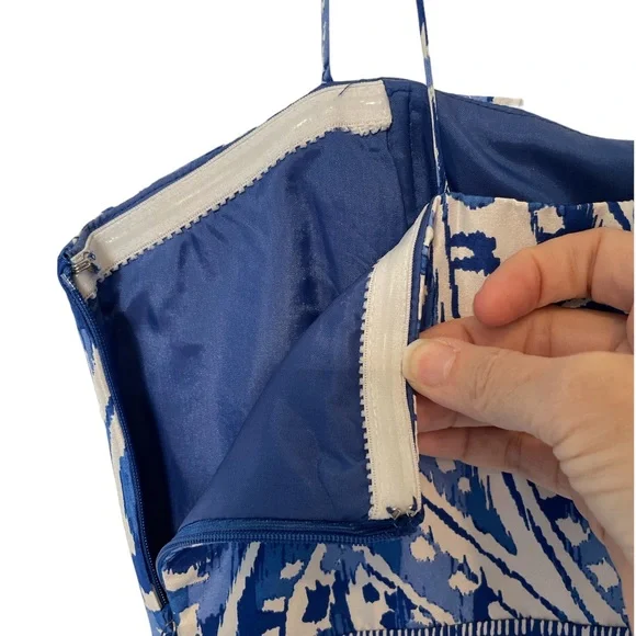 Donna Morgan Silk Classic Blue and White Dress - Picture 4 of 9